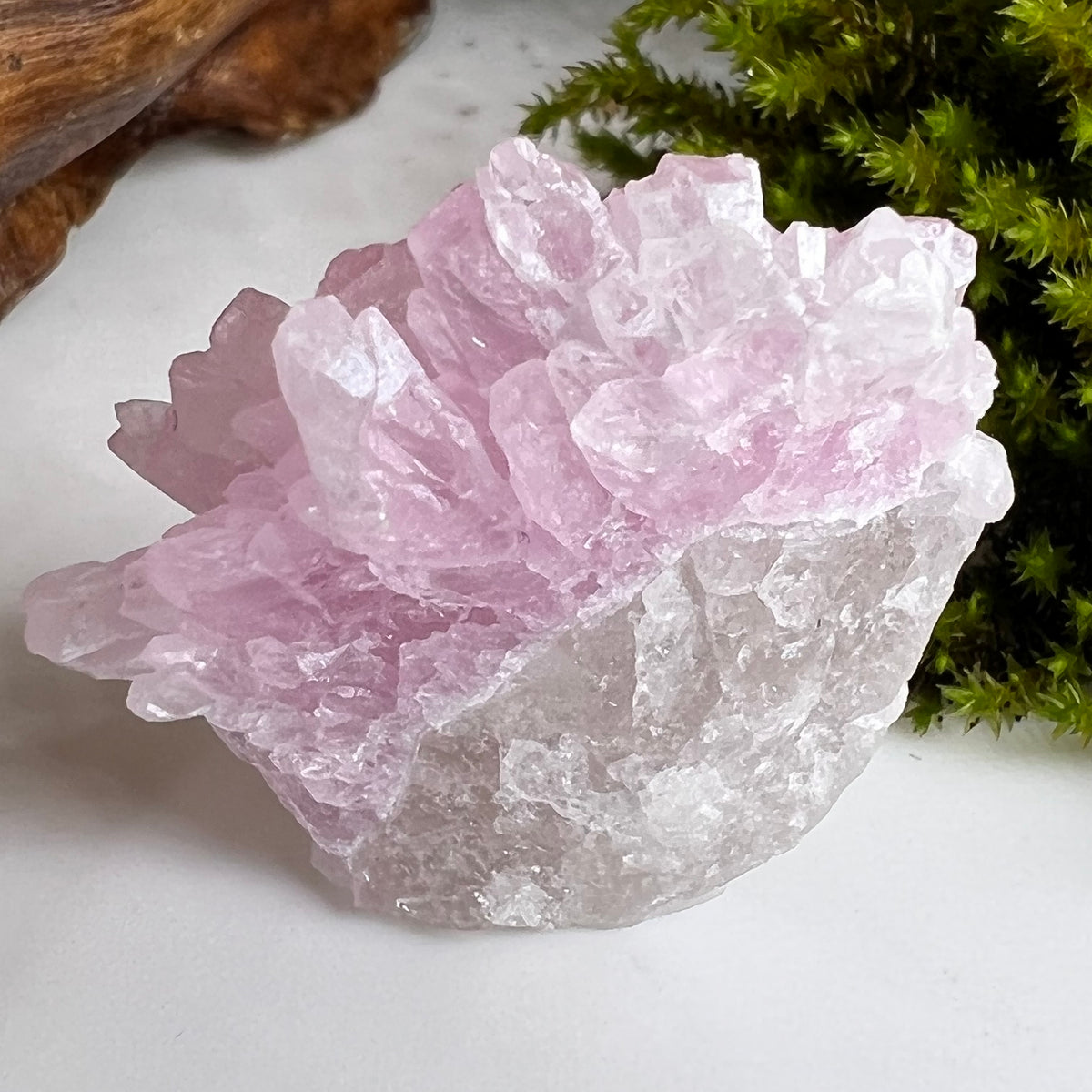 Crystalized Rose Quartz Cluster on Clear Quartz #79-Moldavite Life