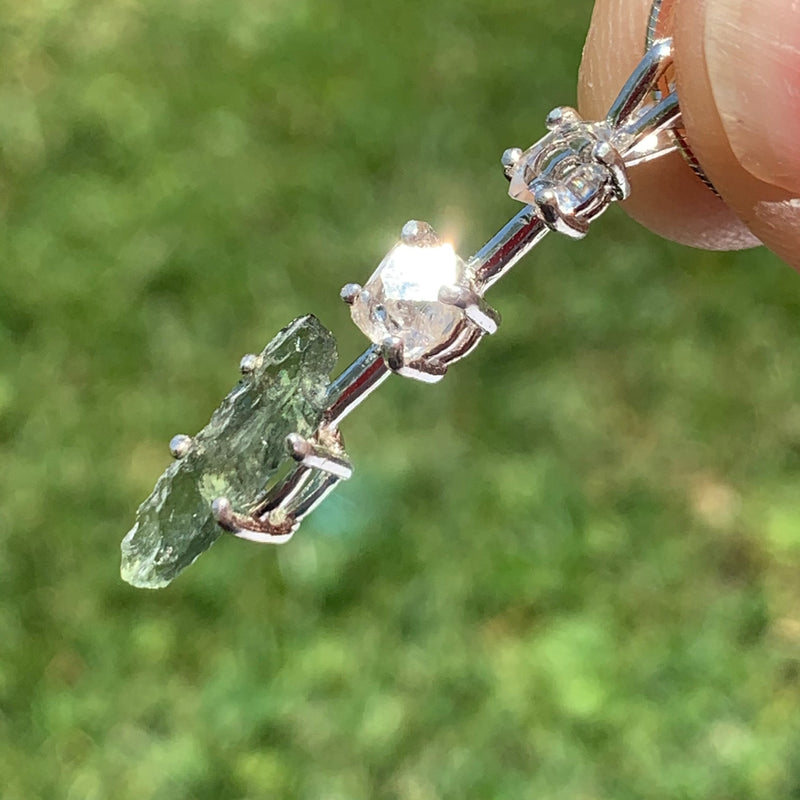 Moldavite Phenacite Herkimer Diamond Silver Necklace