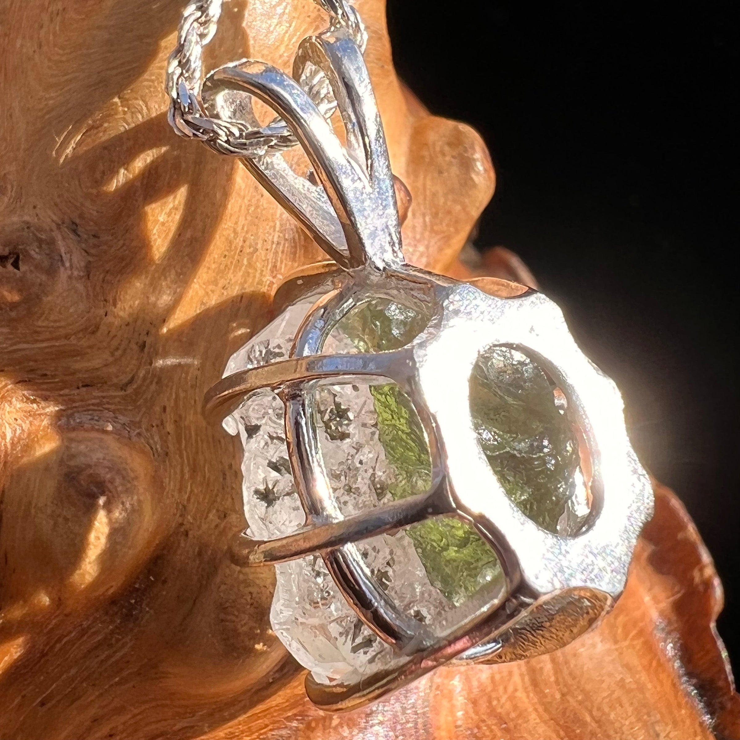 Large Phenacite Crystal & Moldavite Necklace Sterling #3498-Moldavite Life