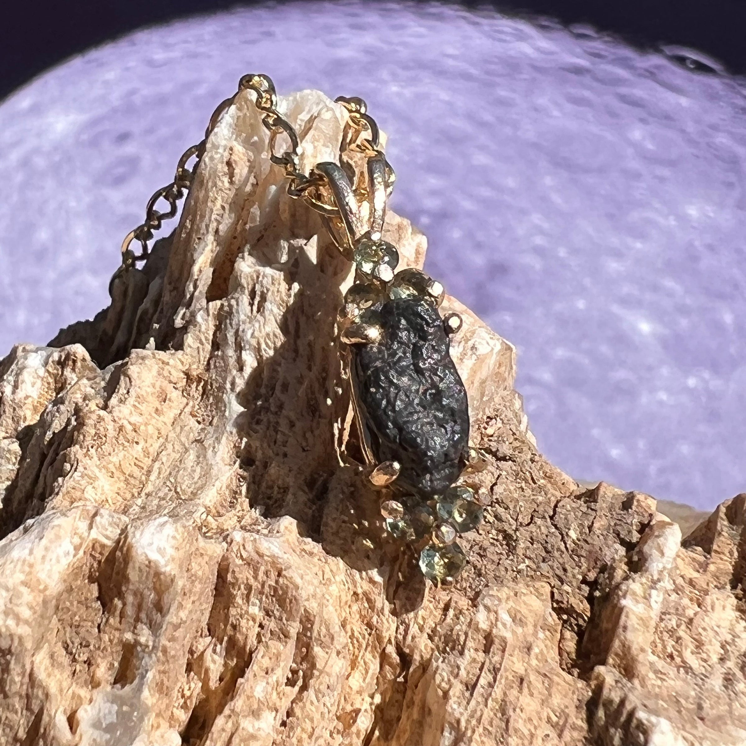 Lunar Meteorite & Faceted Moldavite Pendant 14k Gold #2243-Moldavite Life