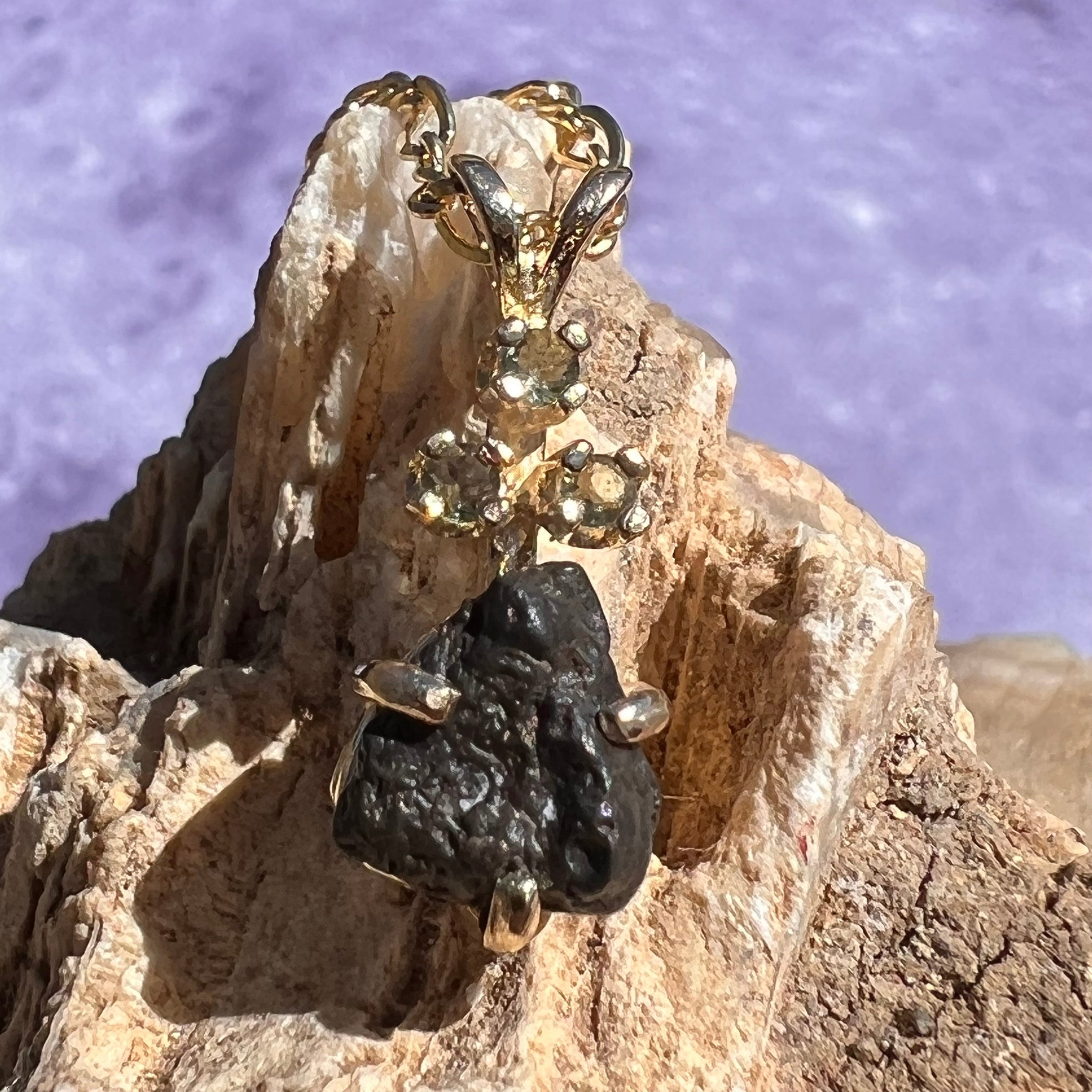 Lunar Meteorite & Faceted Moldavite Pendant 14k Gold #2245-Moldavite Life