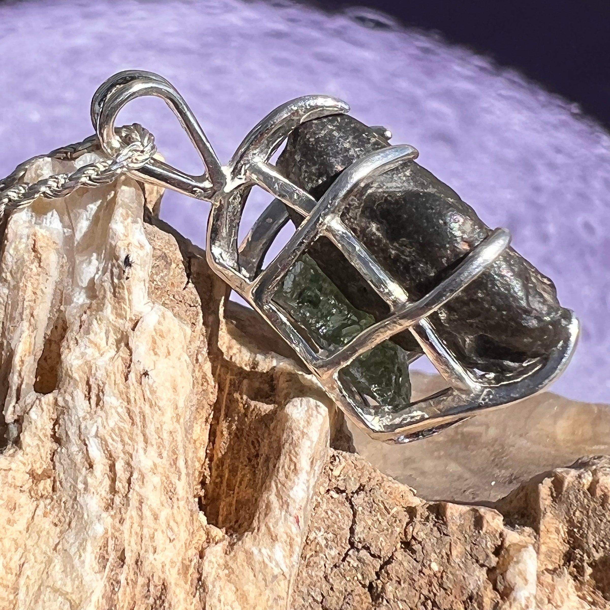 Lunar Meteorite & Moldavite Necklace Sterling Silver #2271-Moldavite Life