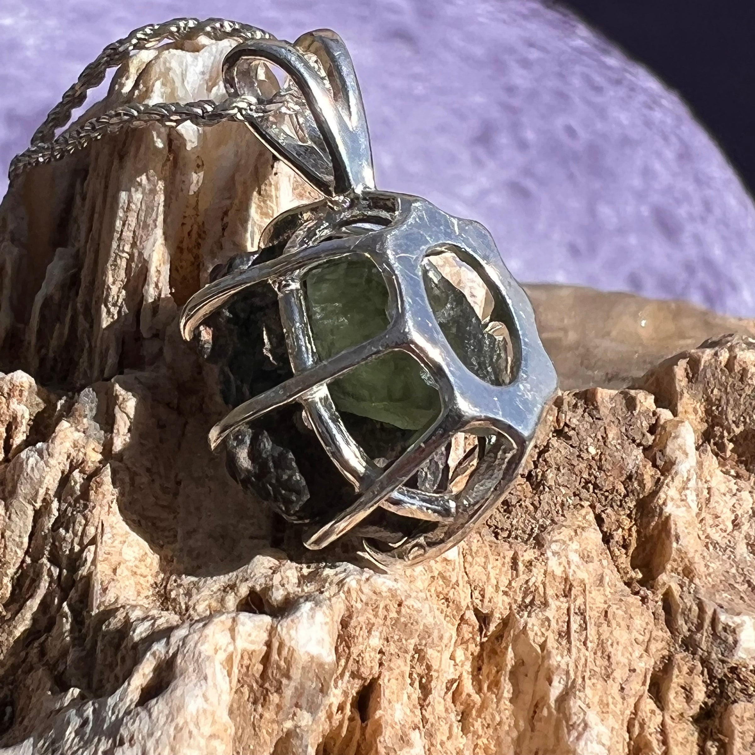 Lunar Meteorite & Moldavite Necklace Sterling Silver #2272-Moldavite Life