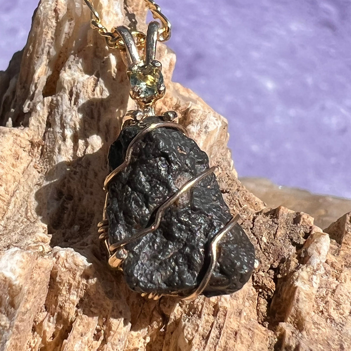 Lunar Meteorite & Moldavite Pendant 14k Gold #2240-Moldavite Life