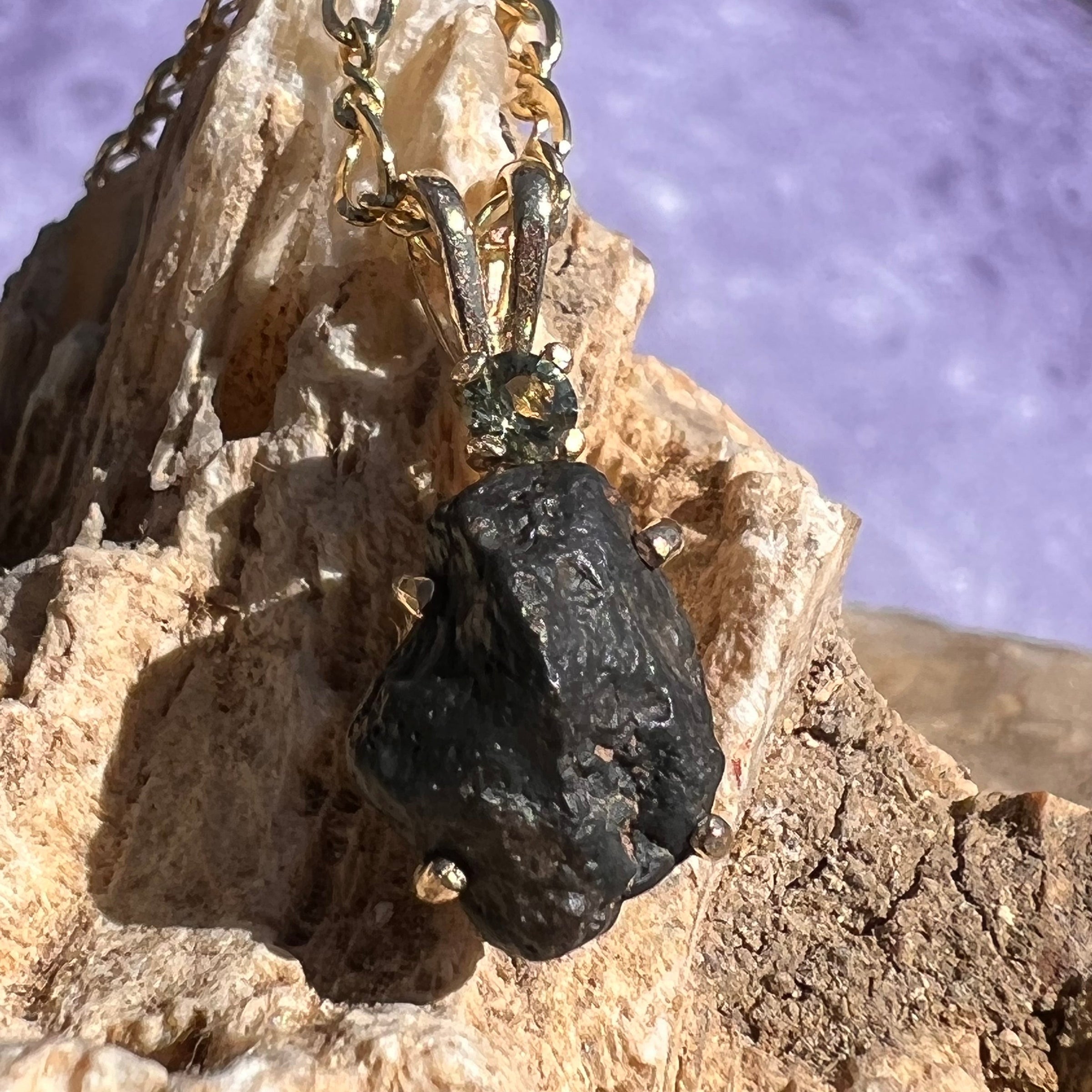 Lunar Meteorite & Moldavite Pendant 14k Gold #2241-Moldavite Life