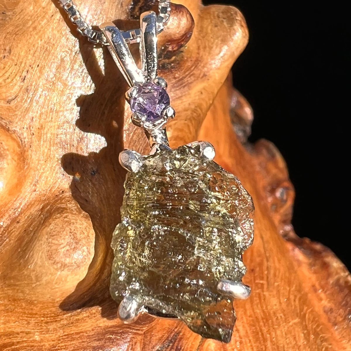 Moldavite & Amethyst Necklace Sterling Silver #4011-Moldavite Life