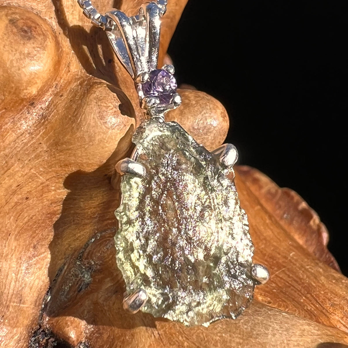 Moldavite & Amethyst Necklace Sterling Silver #4012-Moldavite Life