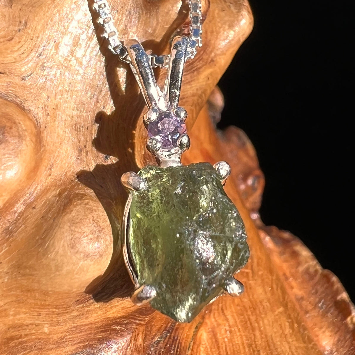 Moldavite & Amethyst Necklace Sterling Silver #4013-Moldavite Life