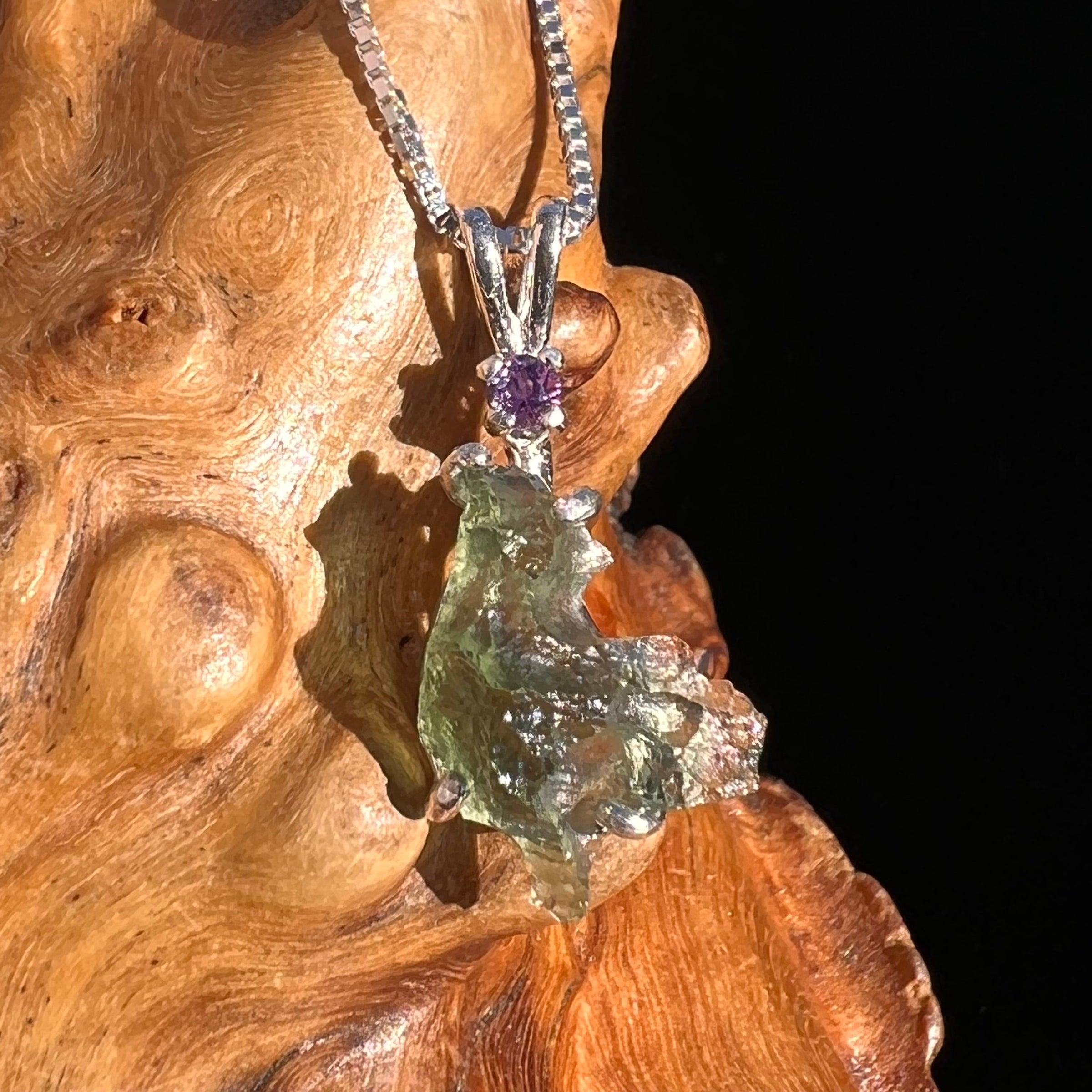 Moldavite & Amethyst Necklace Sterling Silver #5002-Moldavite Life