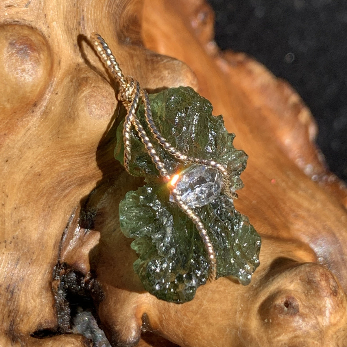 14k Gold Moldavite Herkimer Pendant-Moldavite Life