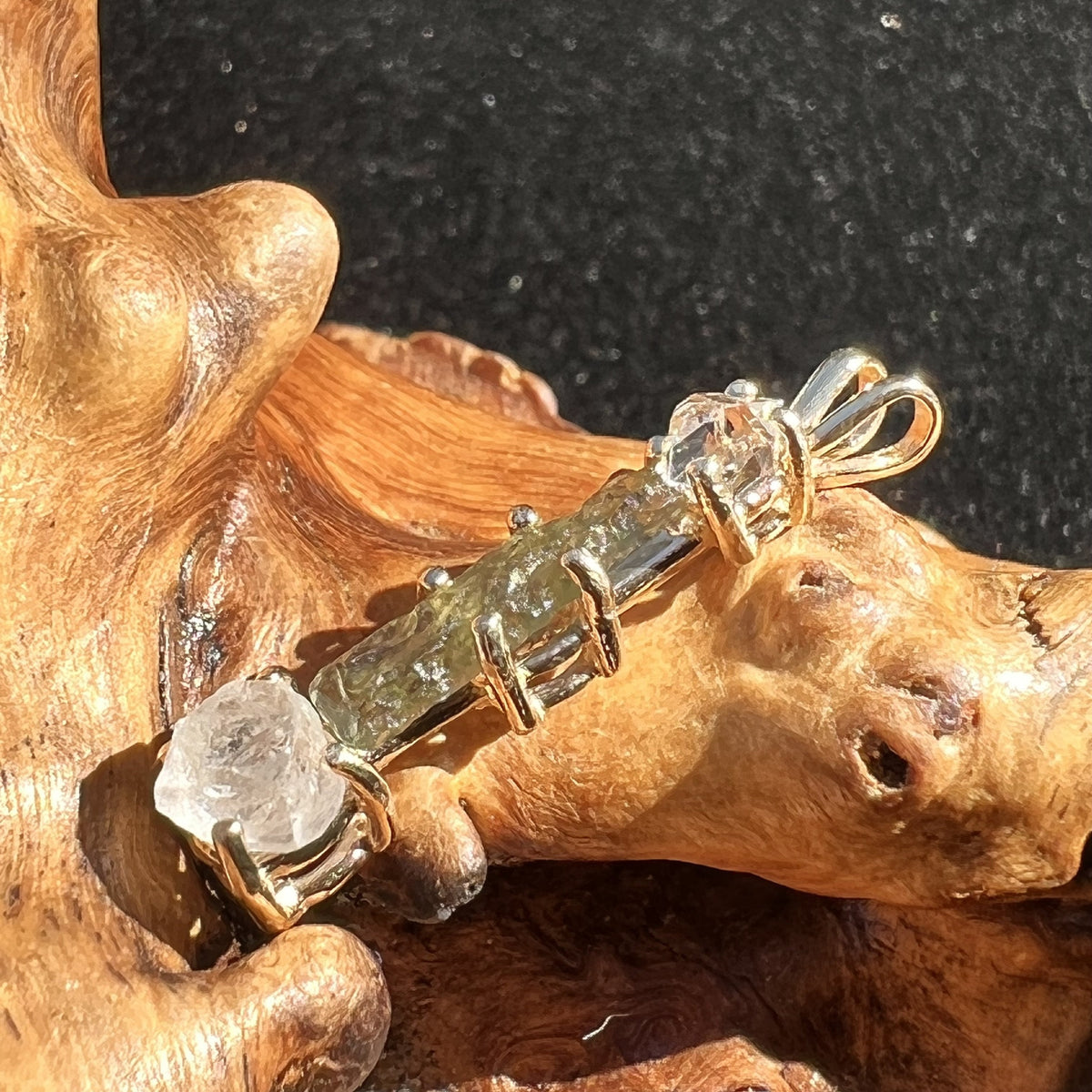 Moldavite Herkimer & Phenacite Pendant 14K Gold-Moldavite Life