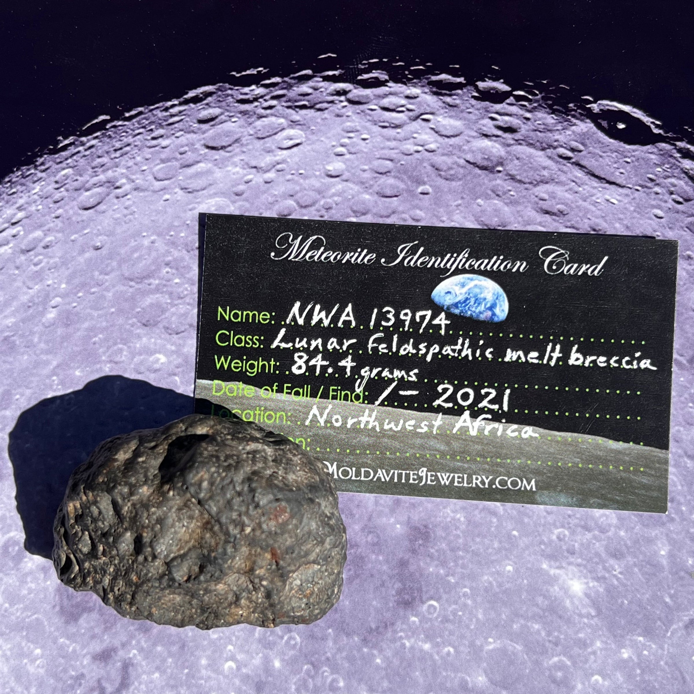 NWA 13974 Lunar Meteorite 84.4 grams #112-Moldavite Life