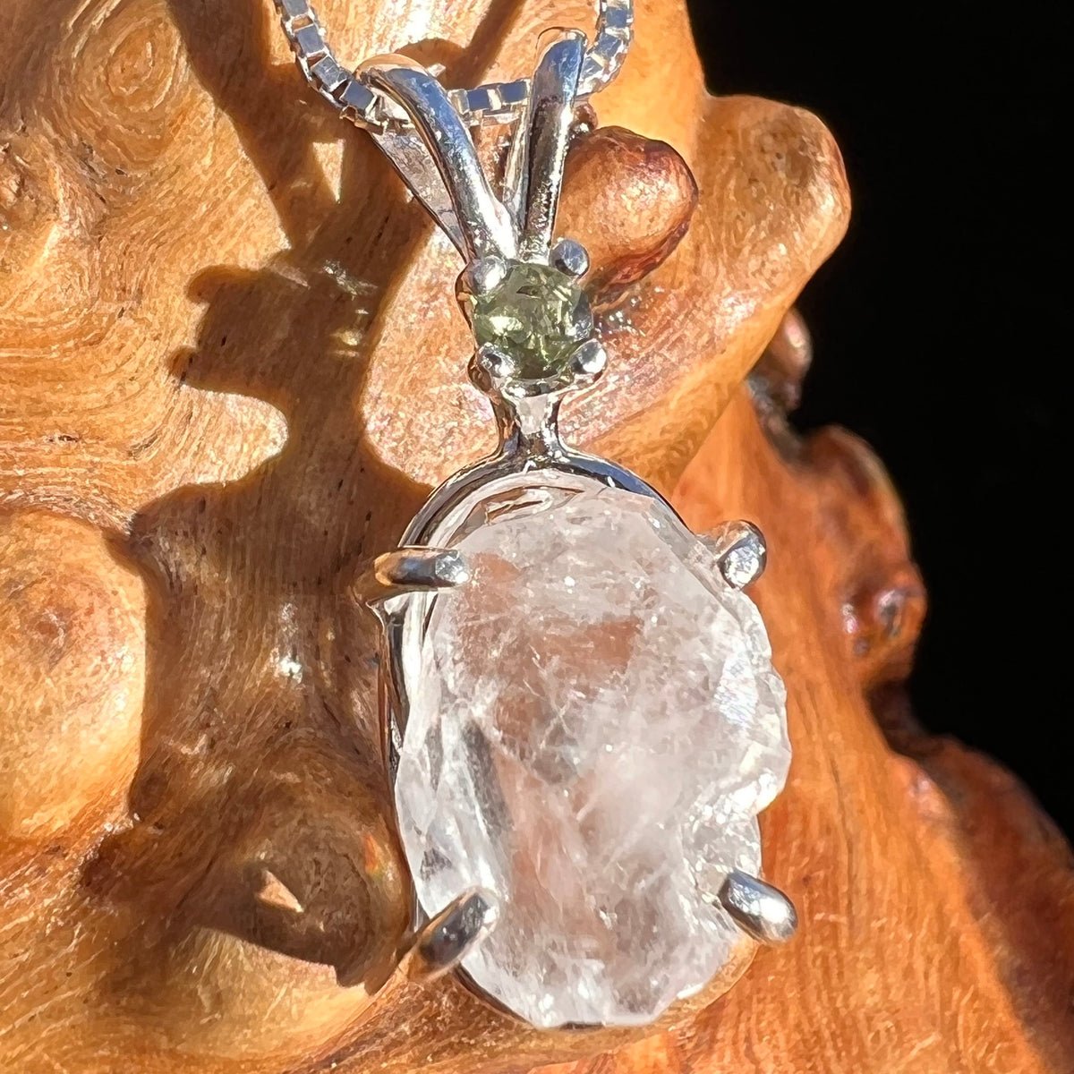 Phenacite Crystal & Moldavite Pendant Necklace Sterling #3494-Moldavite Life