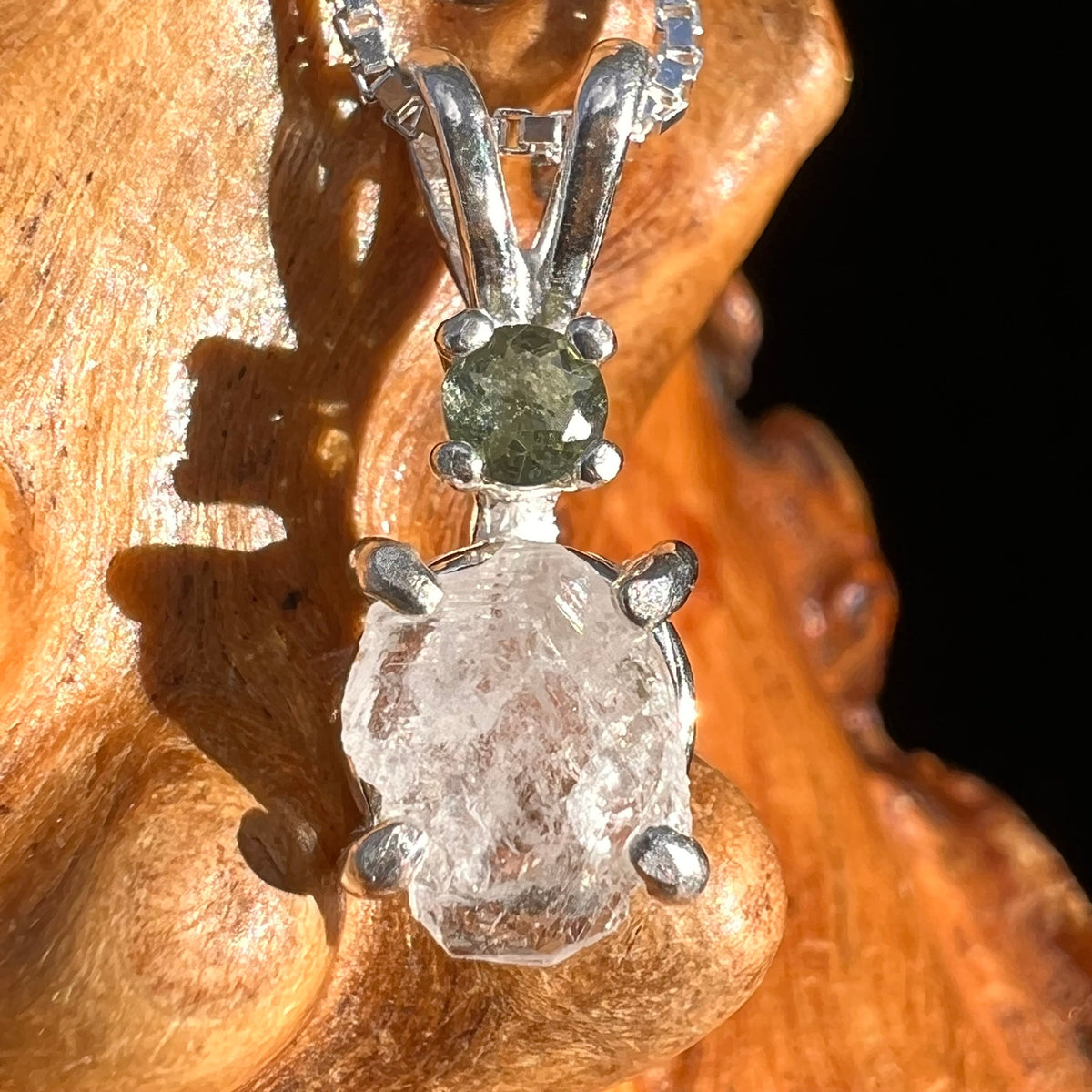 Phenacite & Faceted Moldavite Necklace Sterling #3937-Moldavite Life