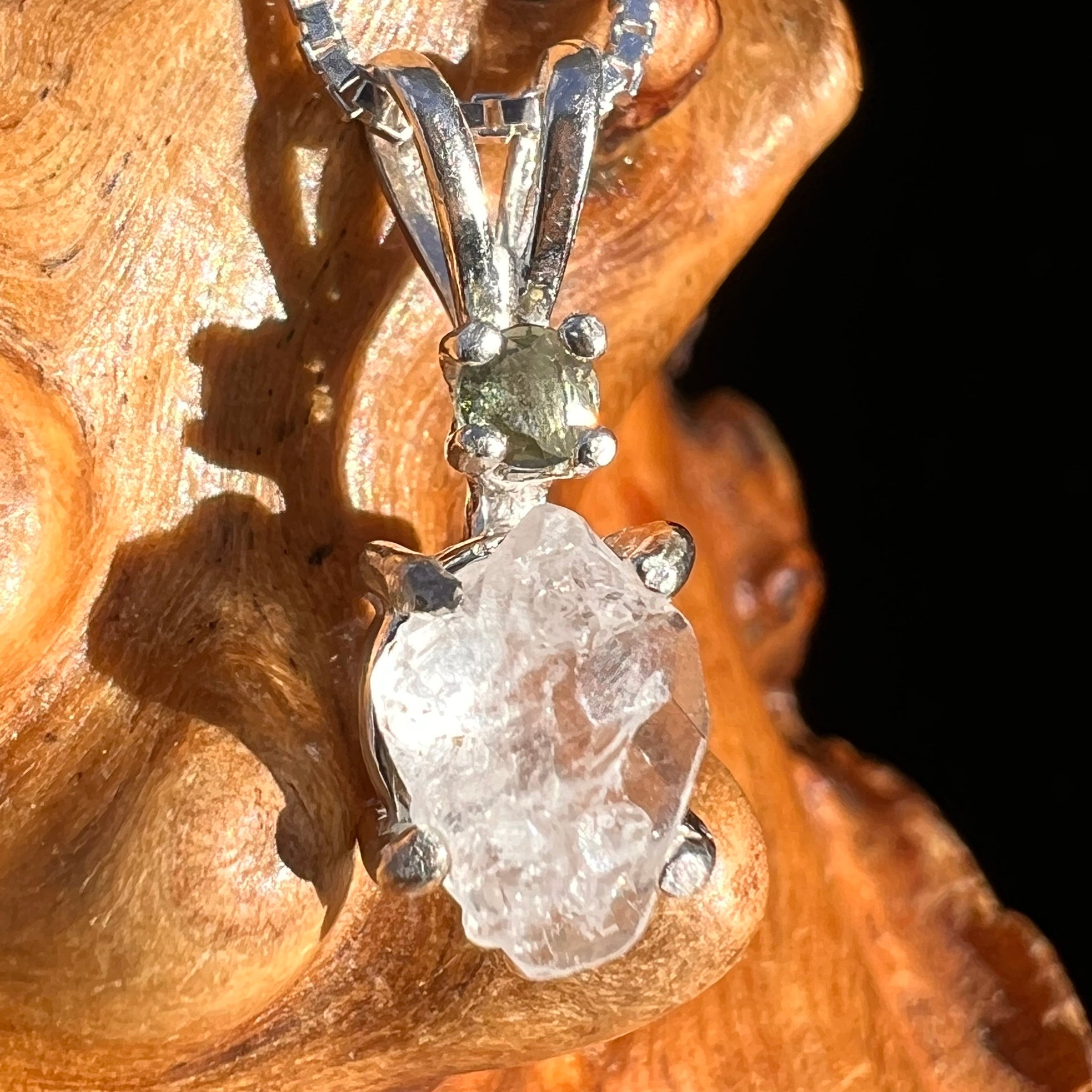 Phenacite & Faceted Moldavite Necklace Sterling #3939-Moldavite Life