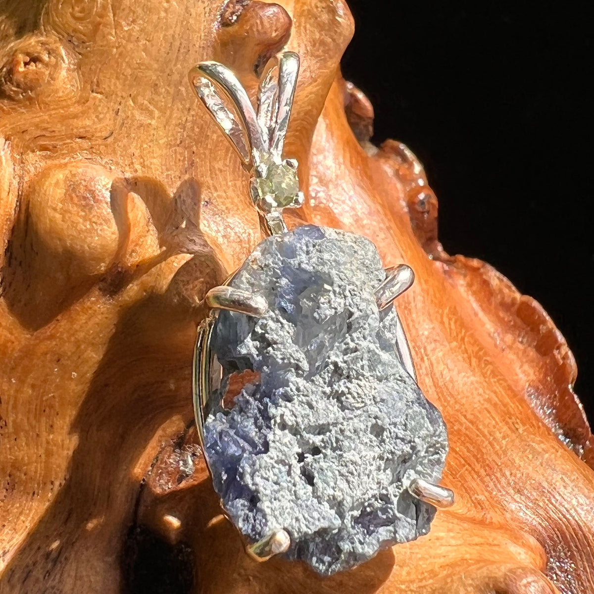 Raw Benitoite & Moldavite Necklace Sterling #2521-Moldavite Life