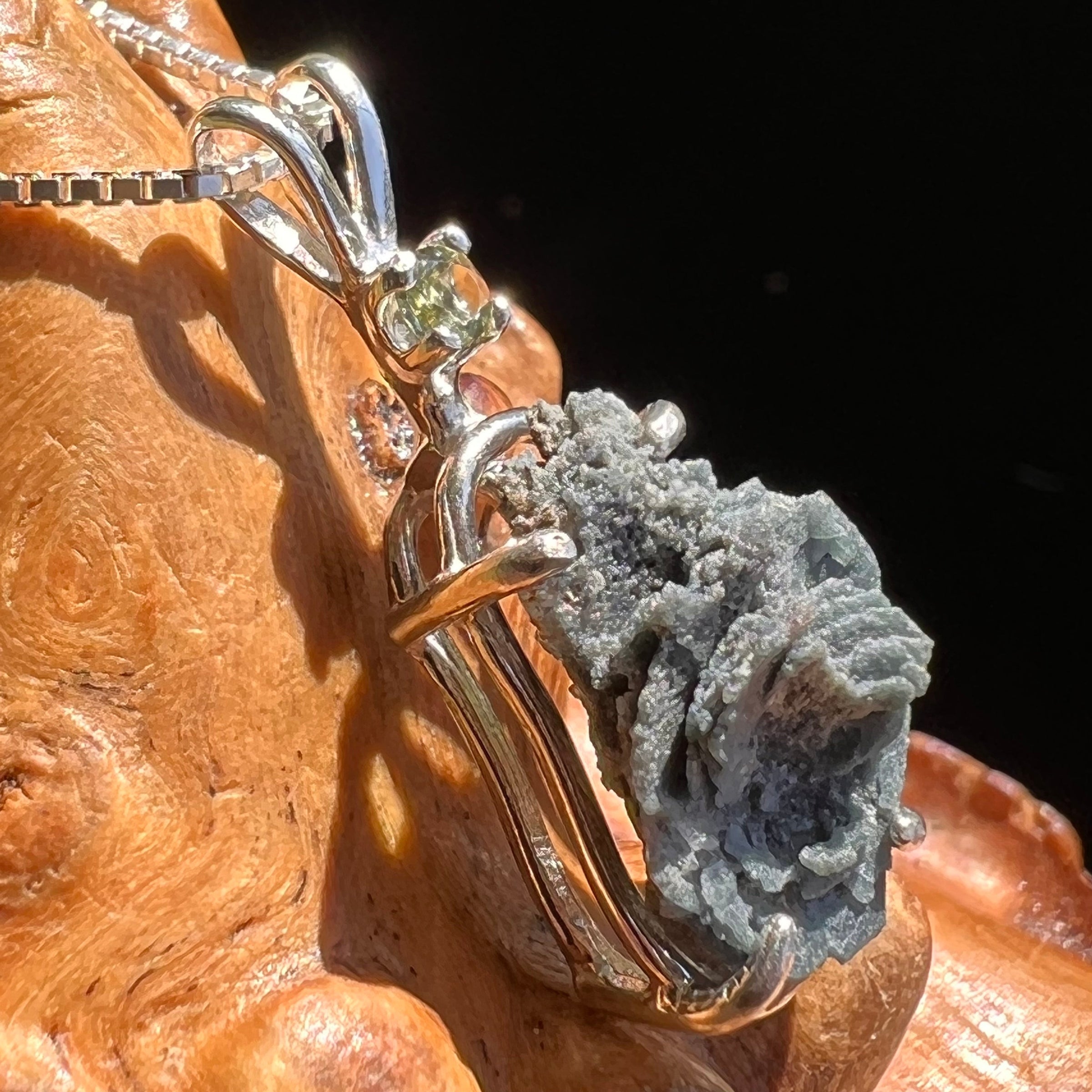 Raw Benitoite & Moldavite Necklace Sterling #2595-Moldavite Life