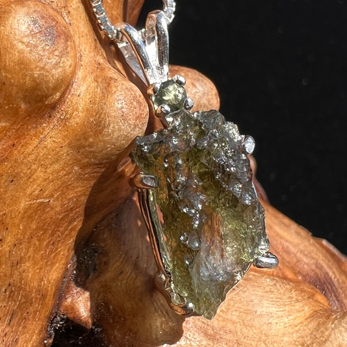 Raw + Faceted Moldavite Necklace Sterling Silver #2570-Moldavite Life