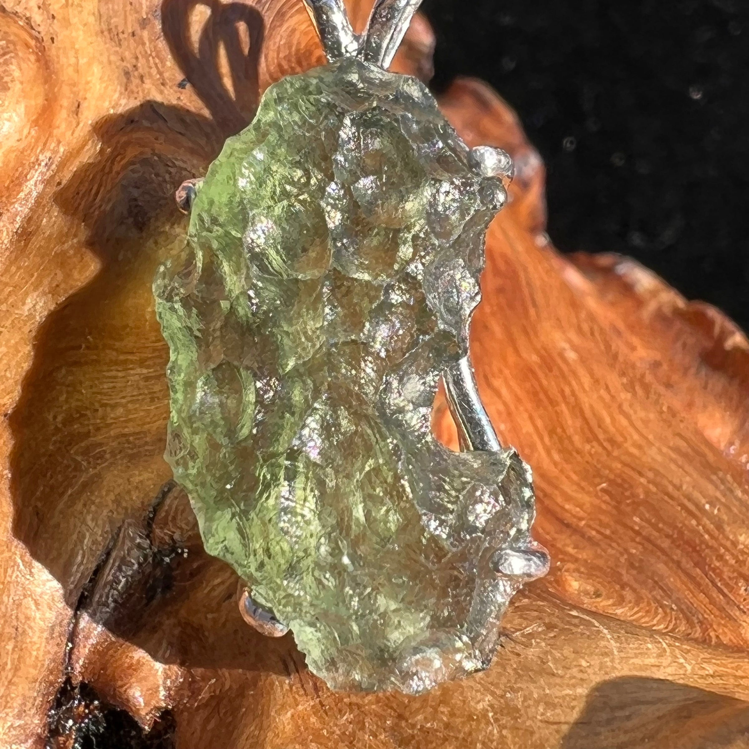 Raw Moldavite Pendant Oval Shape Sterling Silver #2206-Moldavite Life