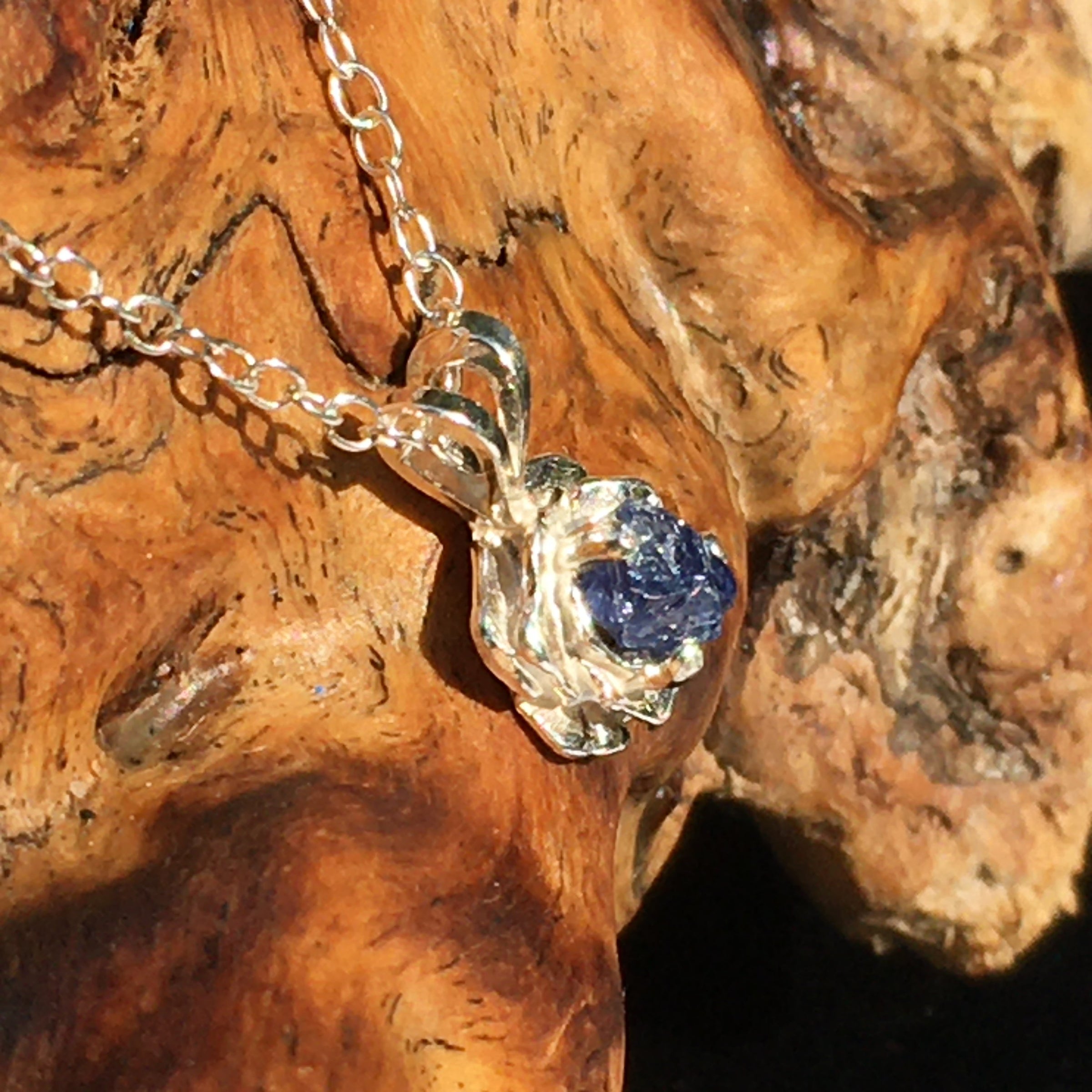 Raw Benitoite Rose Necklace Sterling Silver