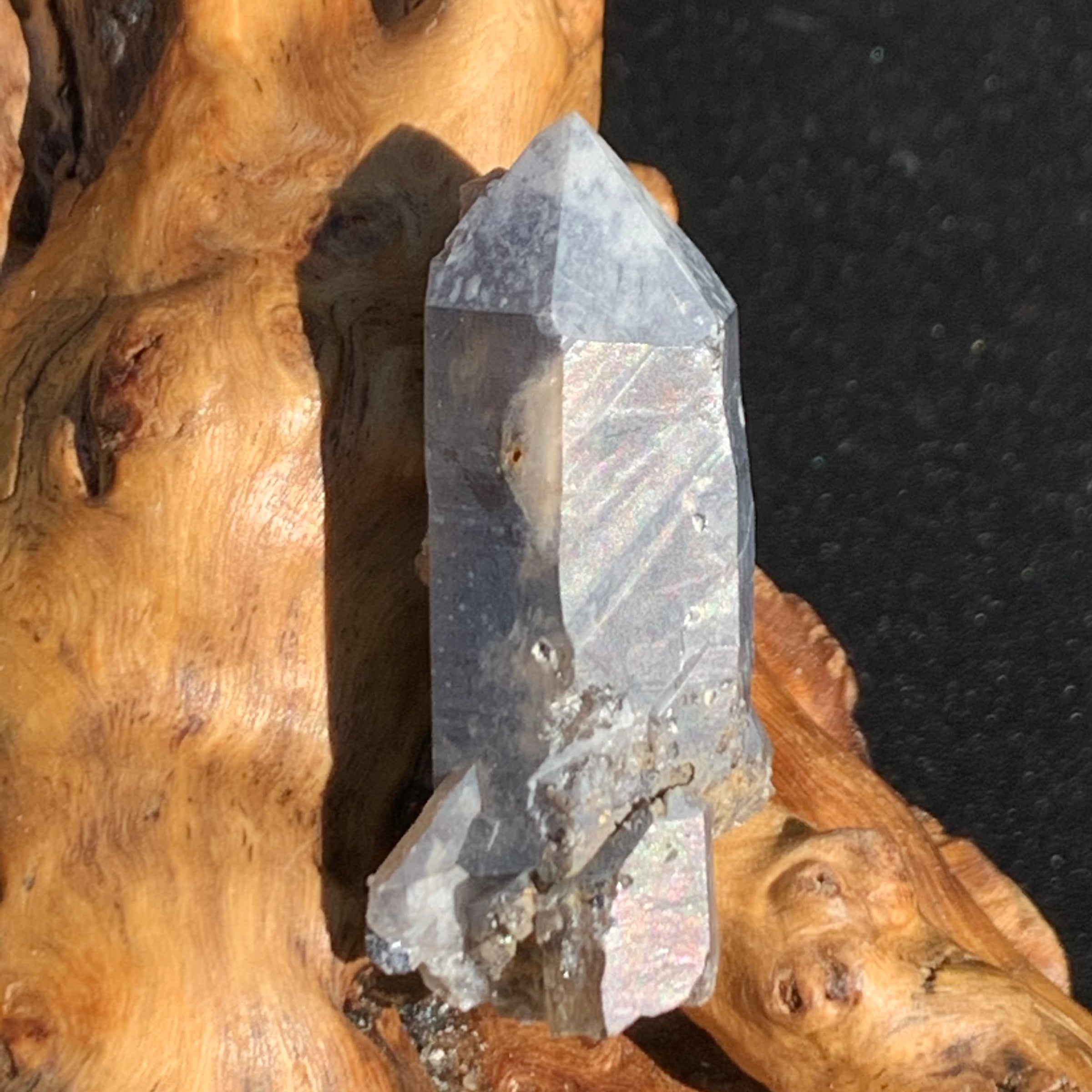 Gray quartz point with black brookite in matrix displayed on driftwood