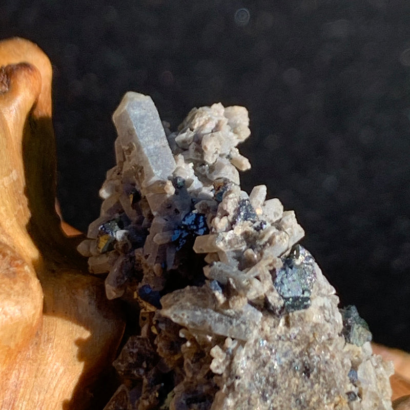 close up view of brookite crystals on a smokey quartz point cluster sitting on driftwood for display