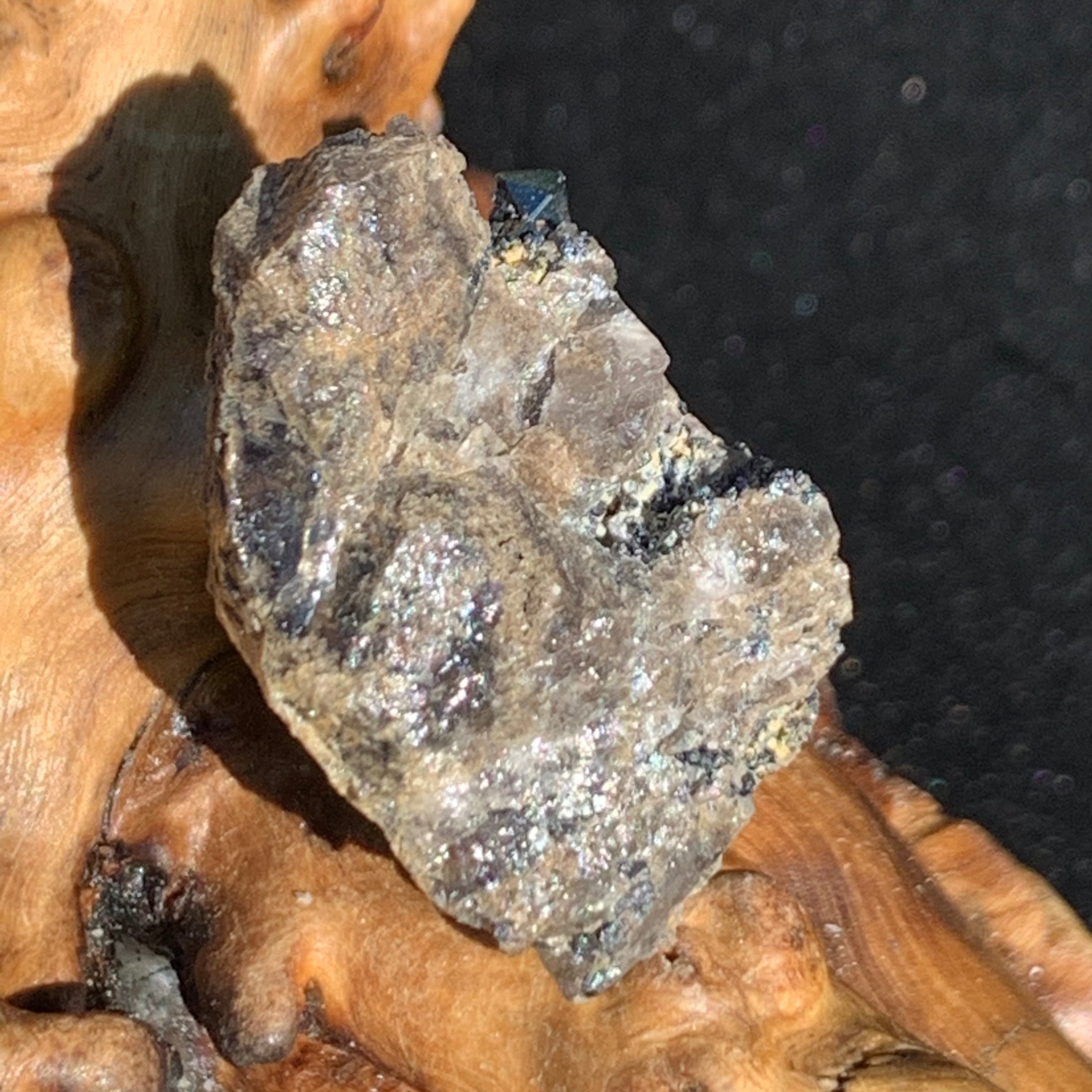 small brookite crystals on a smokey quartz cluster sitting on driftwood for display