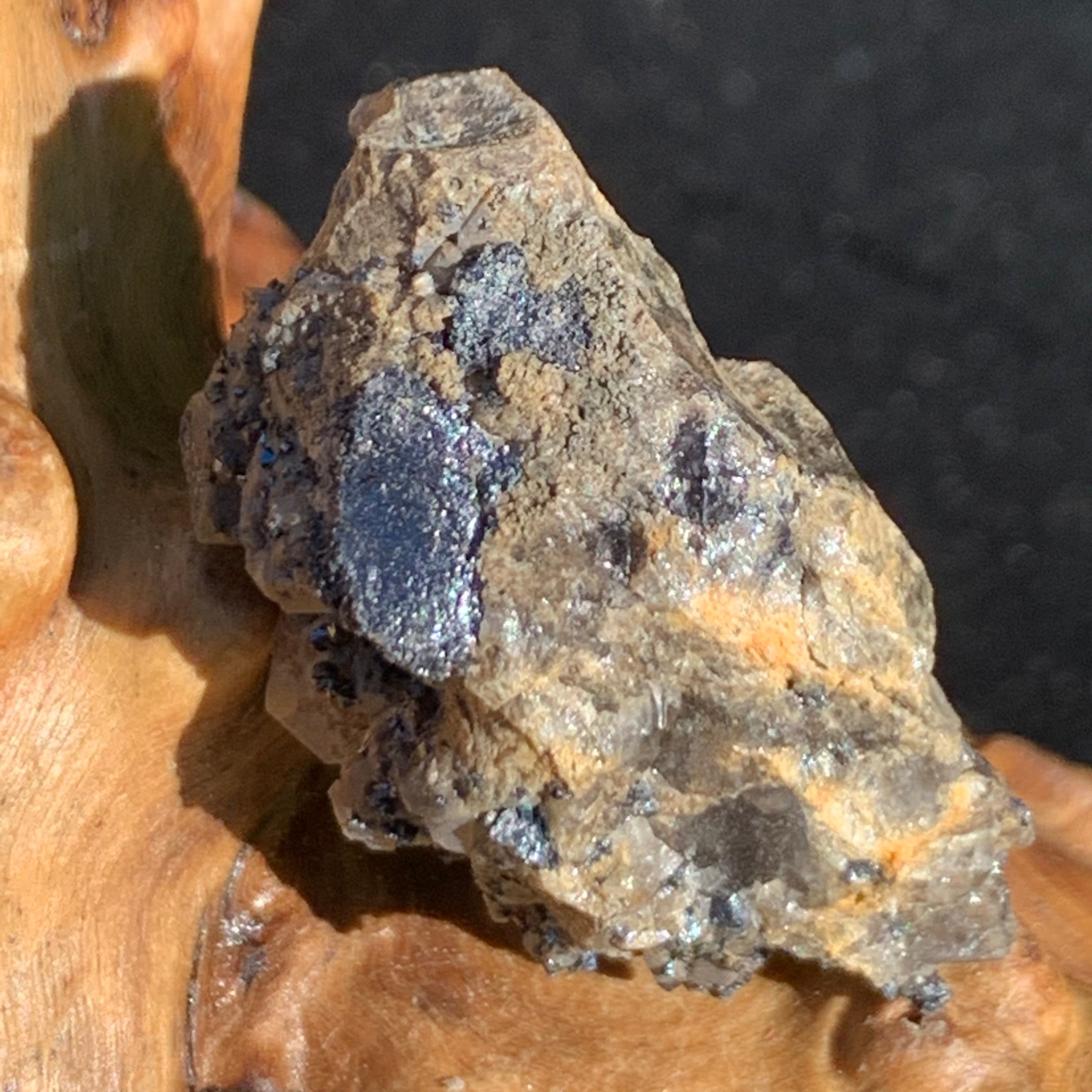 small brookite crystals on a smokey quartz cluster sitting on driftwood for display