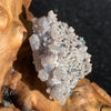 tiny brookite crystals on a smokey quartz point cluster sitting on driftwood for display