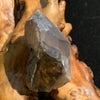 tiny brookite crystals on a smokey quartz point sitting on driftwood for display