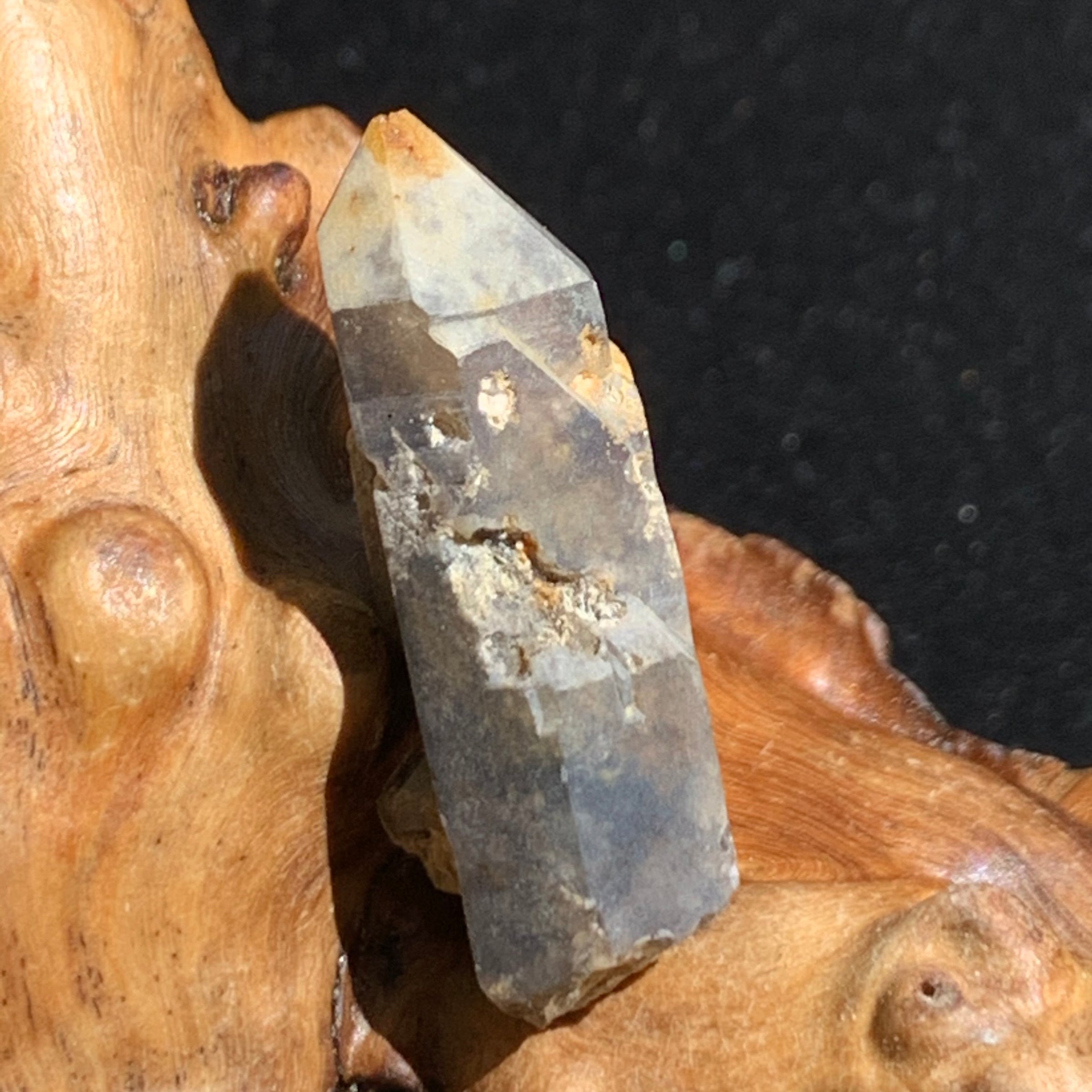 tiny brookite crystal on a smokey quartz point sitting on driftwood for display