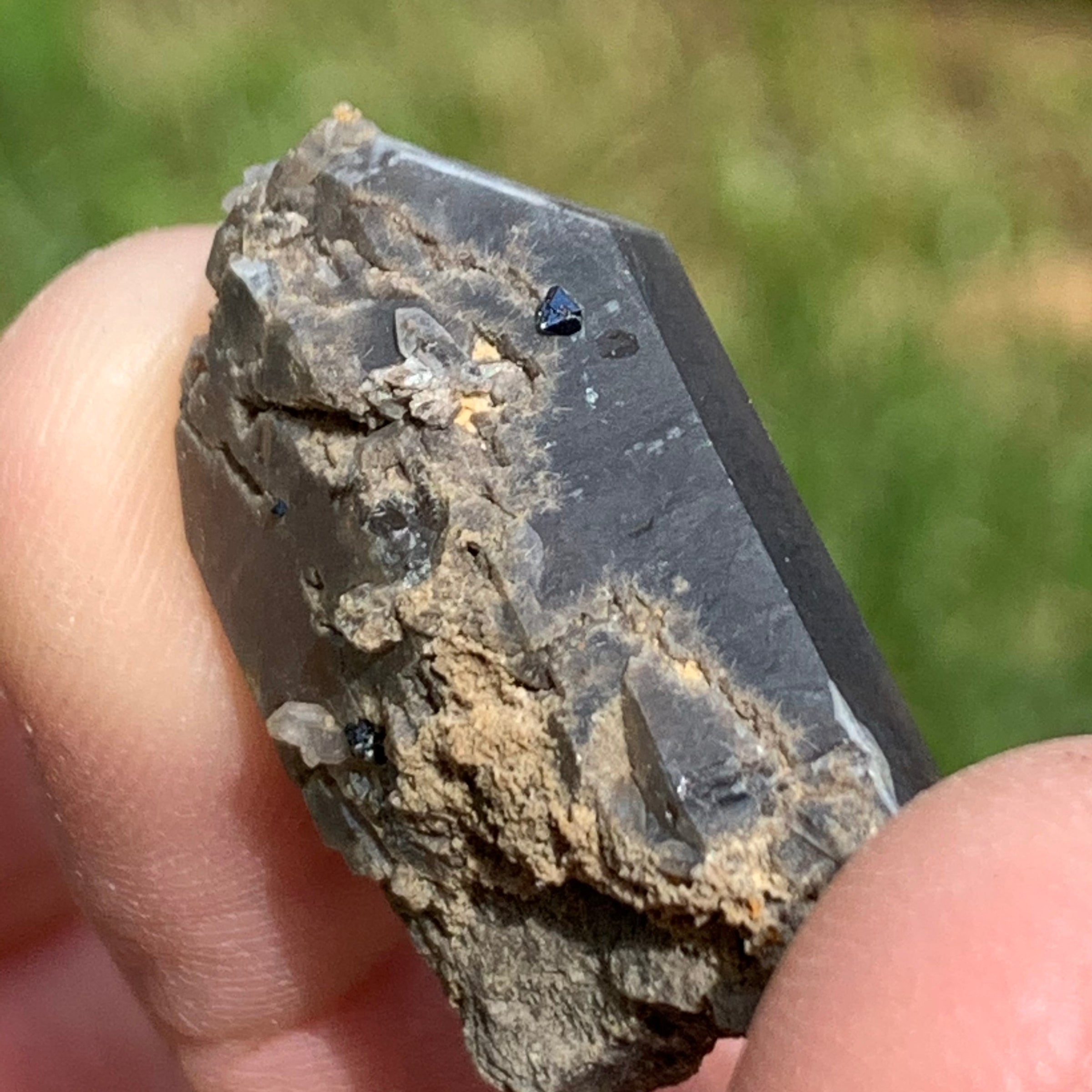 tiny brookite crystals on a smokey quartz point held in hand with sunlight shining on it