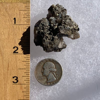small and tiny brookite crystals on a smokey quartz cluster next to a ruler and a quarter for scale