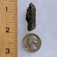 small brookite crystals on a smokey quartz point next to a ruler and a quarter for scale