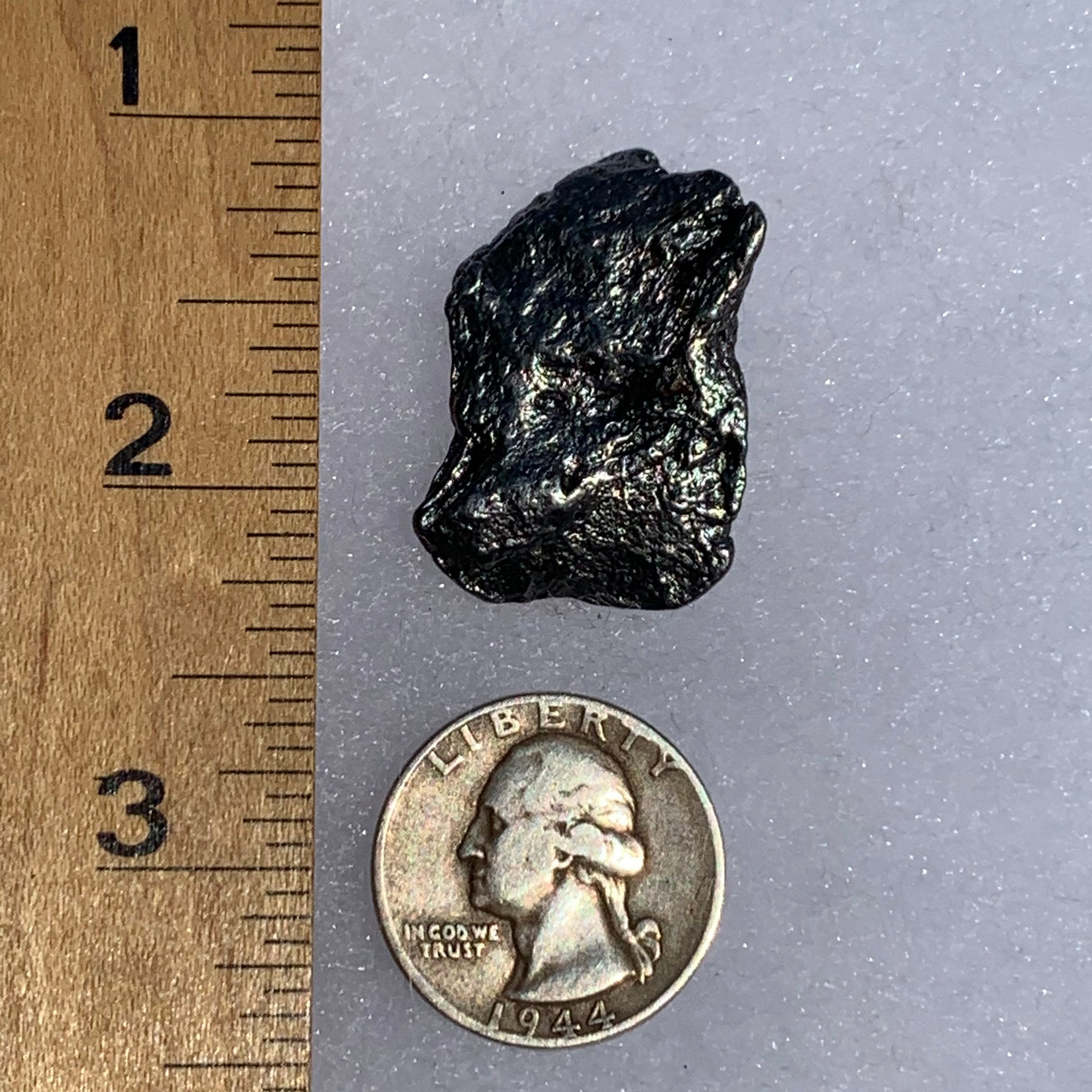 silver campo del cielo meteorite next to a ruler and US quarter for scale