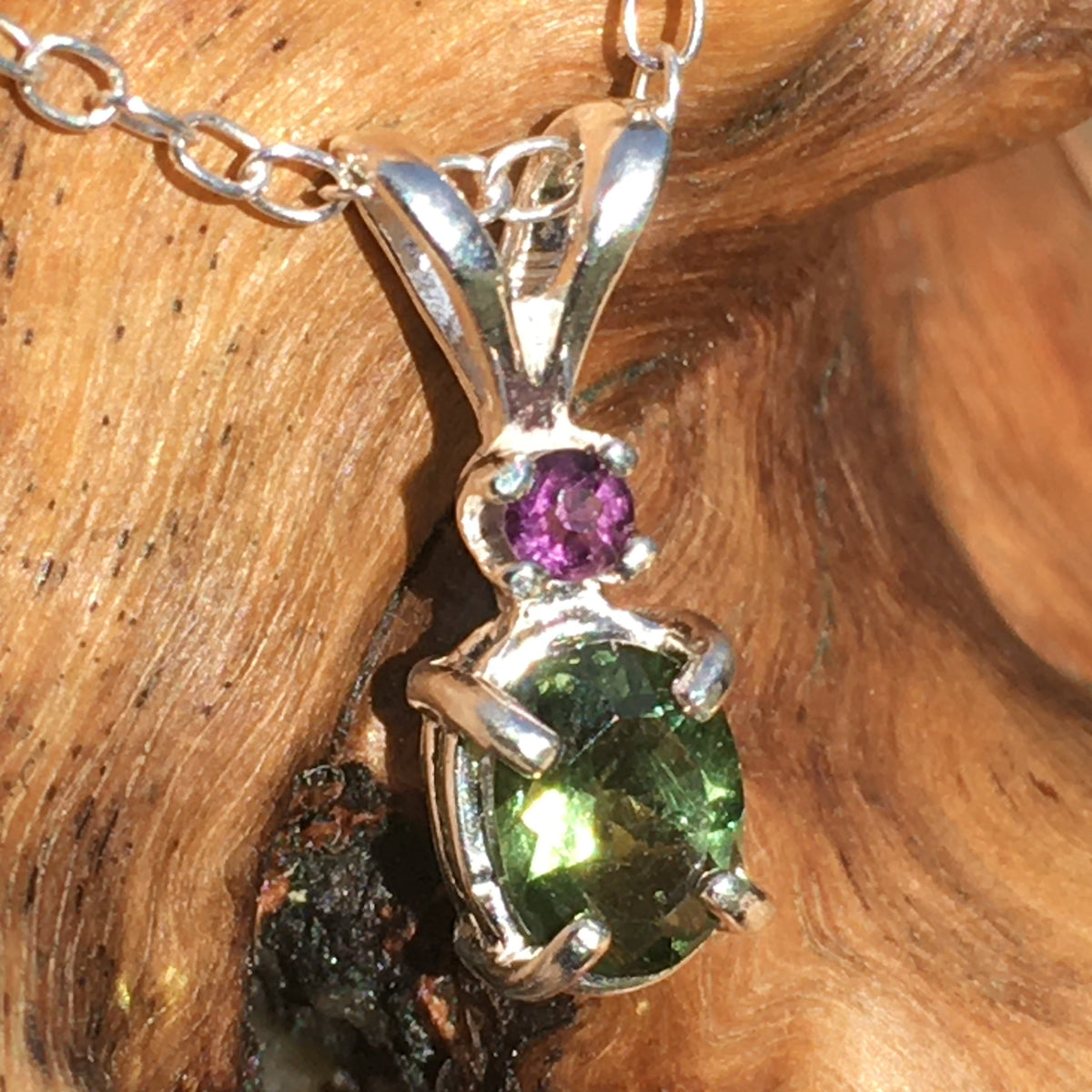 Faceted Moldavite Amethyst Silver Pendant Necklace-Moldavite Life