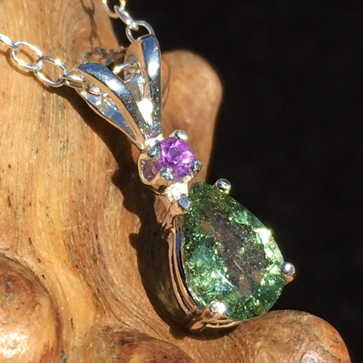 Faceted Moldavite Amethyst Silver Pendant Necklace-Moldavite Life