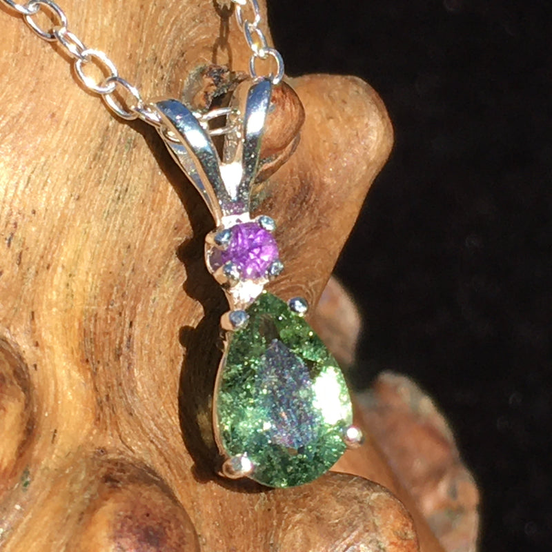 Faceted Moldavite Amethyst Silver Pendant Necklace-Moldavite Life