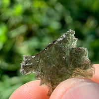 thin green besednice moldavite tektite held up on display to show details
