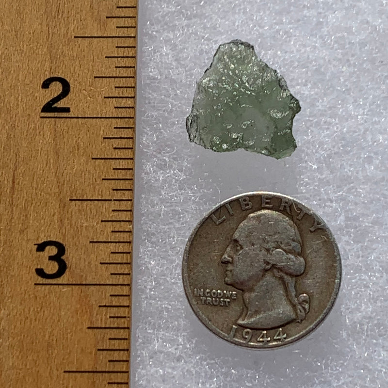 thin green besednice moldavite tektite next to a ruler and US quarter for scale