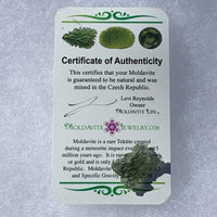 thin green besednice moldavite tektite with a moldavite life certificate of authenticity