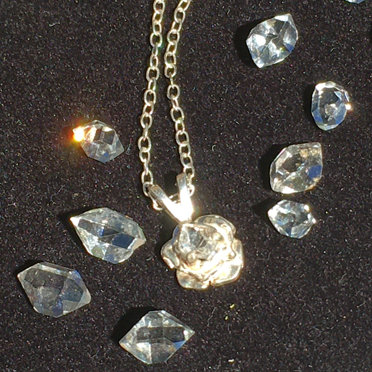 Herkimer Diamond Rose Crystal Pendant Silver Necklace-Moldavite Life