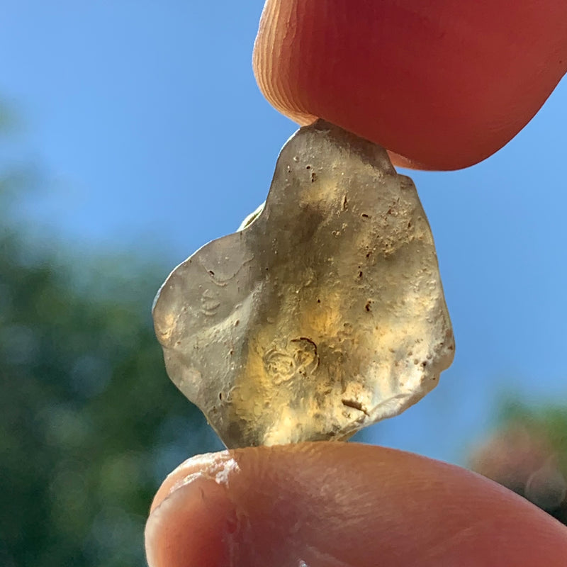 libyan desert glass is held up with sunlight shining through it