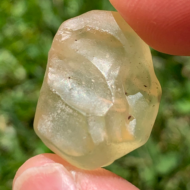 libyan desert glass is held up with sunlight shining on it