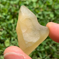 libyan desert glass is held up showing details with sunlight shining on it