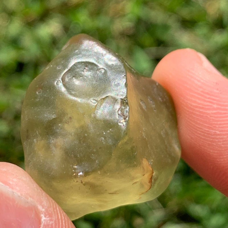 libyan desert glass is held up to show details with sunlight shining on it