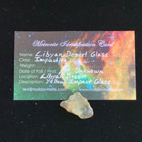 libyan desert glass sits with a moldavite life meteorite identification card