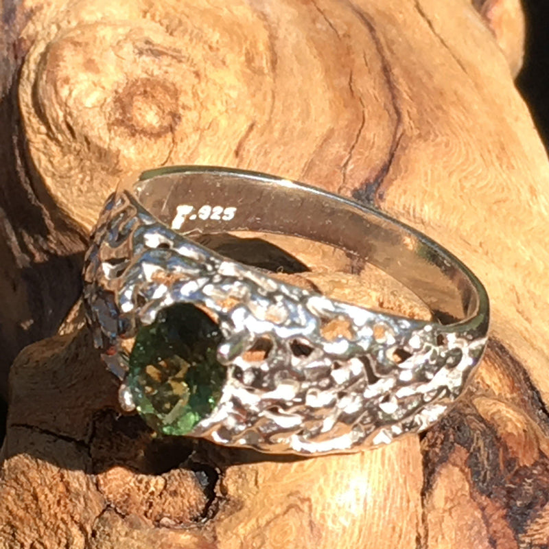 Mens Faceted Moldavite Ring Sterling Silver 5x7mm Nugget-Moldavite Jewelry