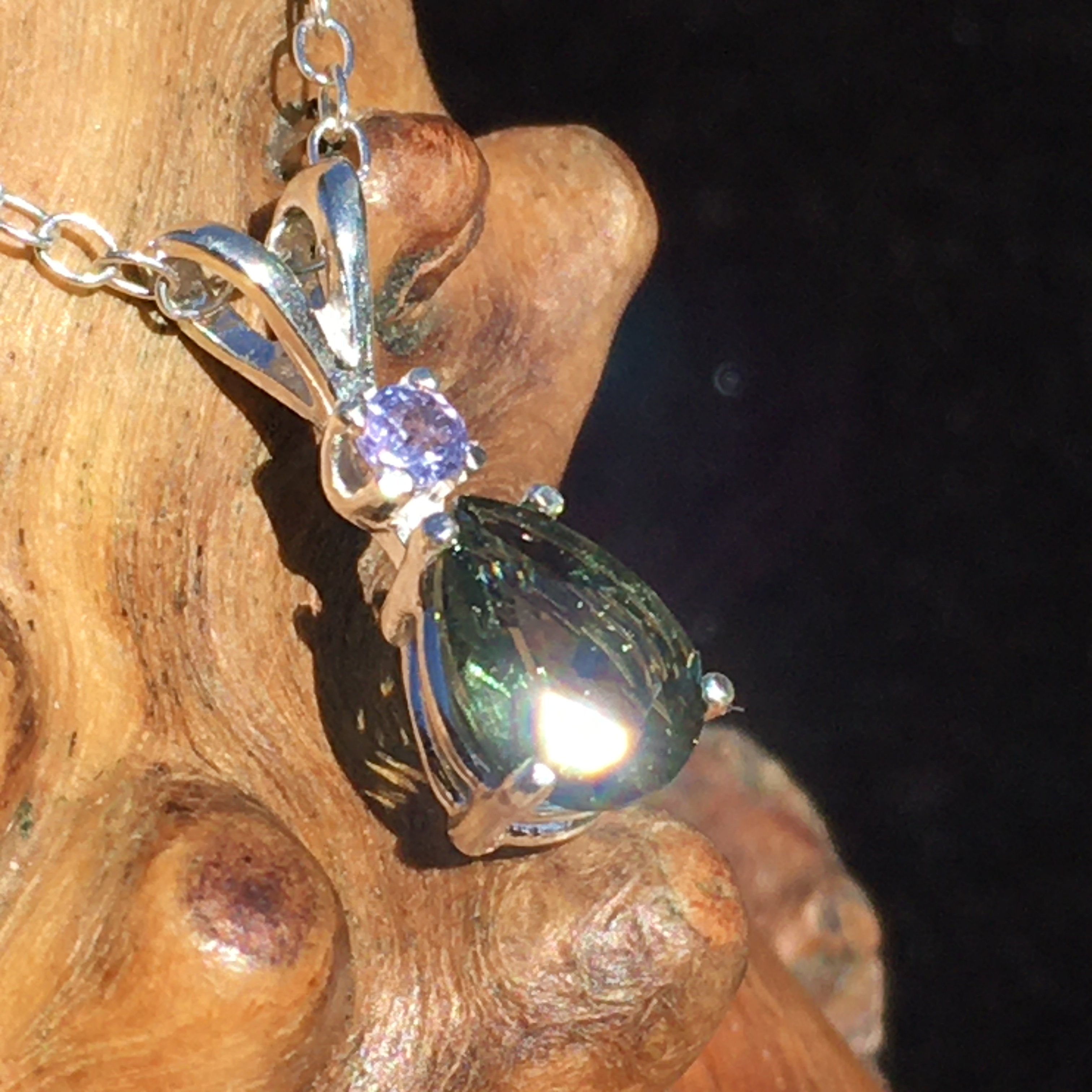 Moldavite Faceted Tanzanite Silver Necklace Genuine Certified