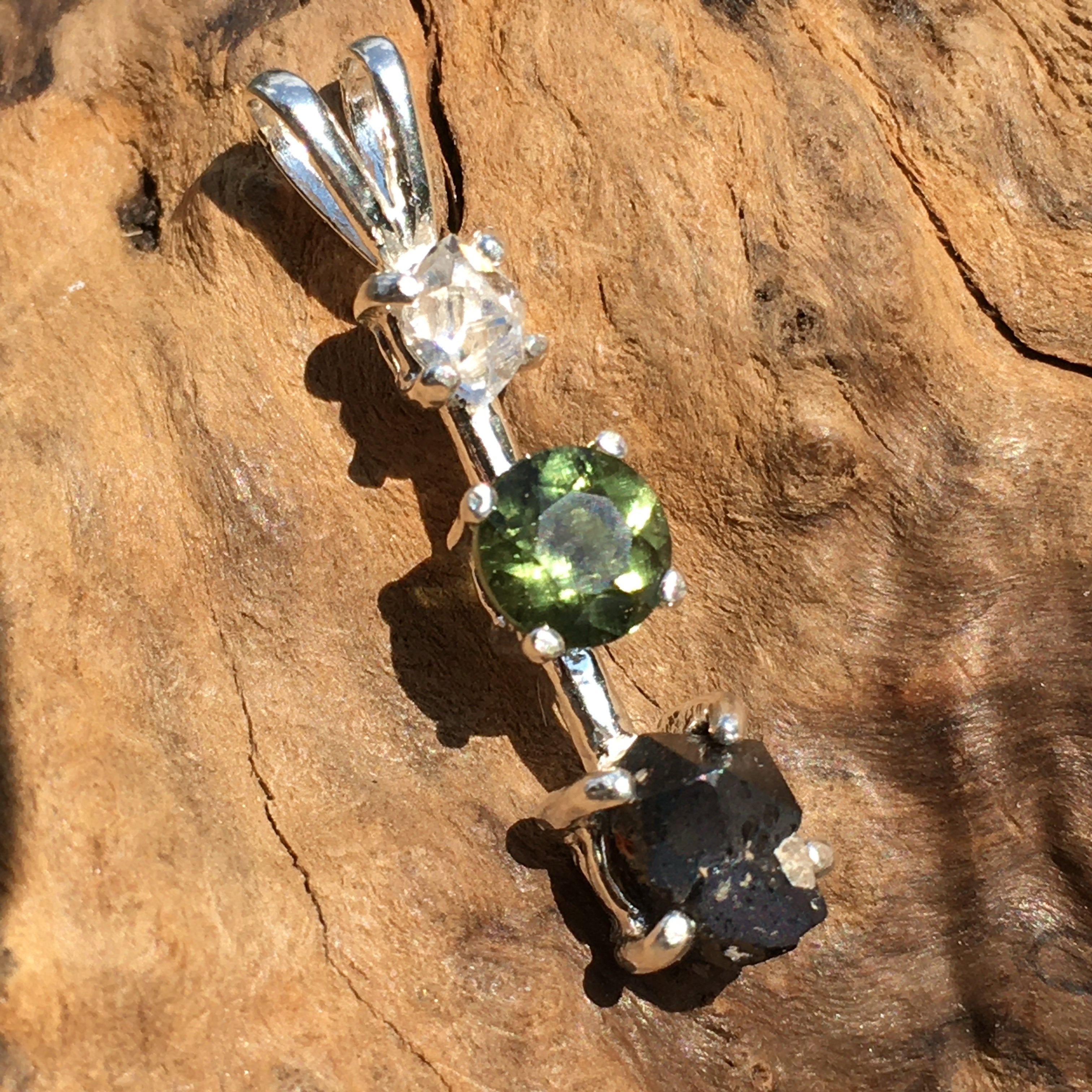 Moldavite Herkimer Brookite Crystal Silver Pendant